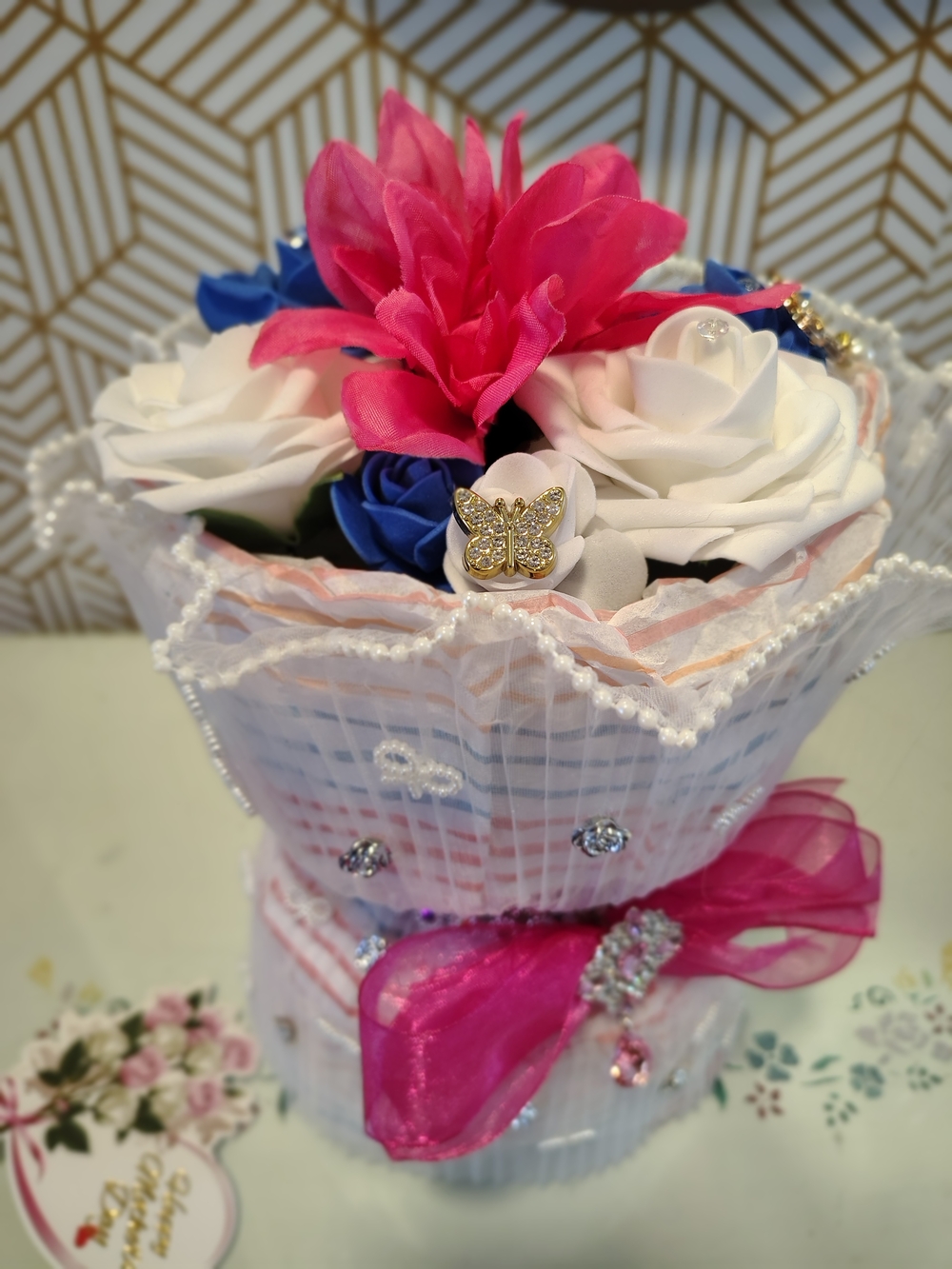 Handmade Floral Gift Arrangement with Pink, White & Blue Flowers